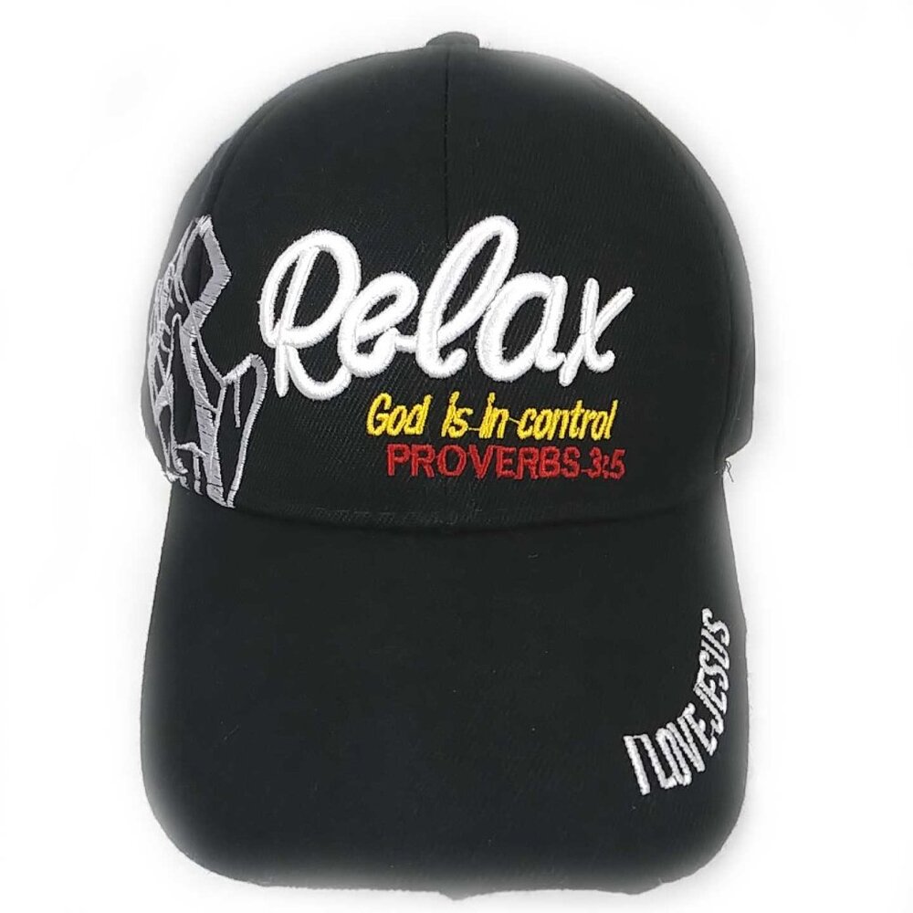 Relax God is in Control Proverbs 3:5 Embroidered Black Cap Hat OSFM